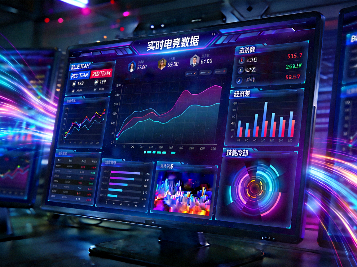 充满科技感的电竞数据可视化大屏，展示实时比赛数据与图表