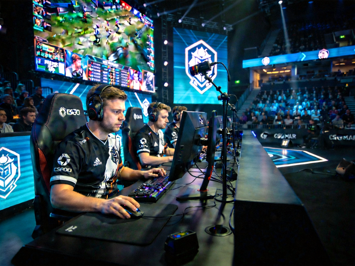 CS:GO Major锦标赛决赛现场，选手全神贯注操作，气氛紧张