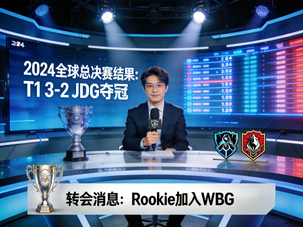 电竞新闻演播室，主持人正在播报最新赛事结果与转会消息