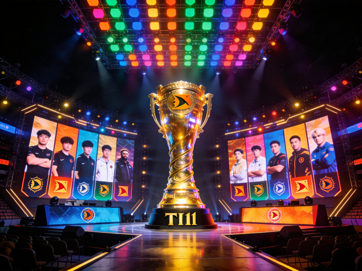 DOTA2国际邀请赛TI11主舞台全景，灯光璀璨，奖杯闪耀