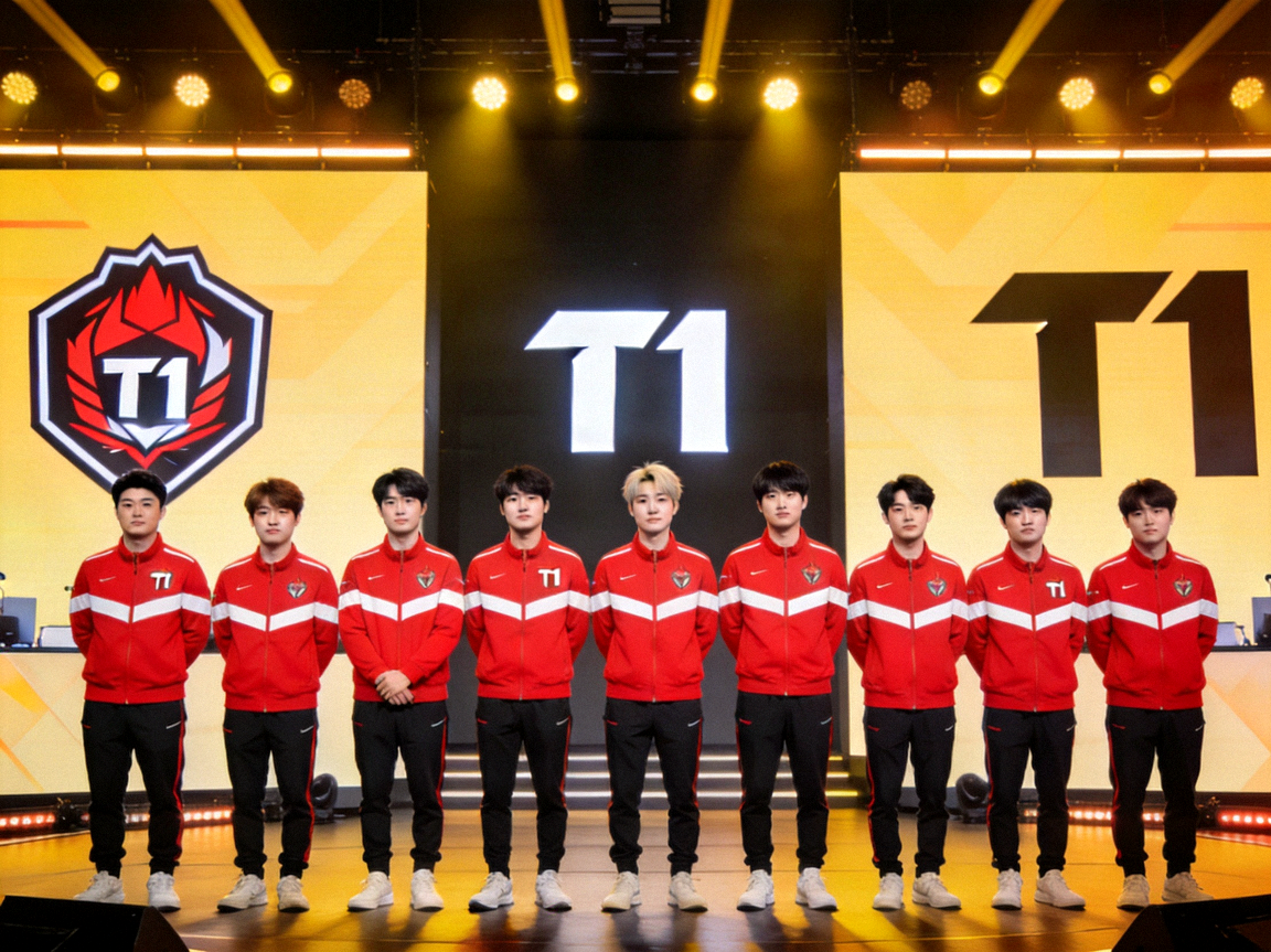 T1电竞俱乐部英雄联盟分部团队合影，选手身穿红色队服